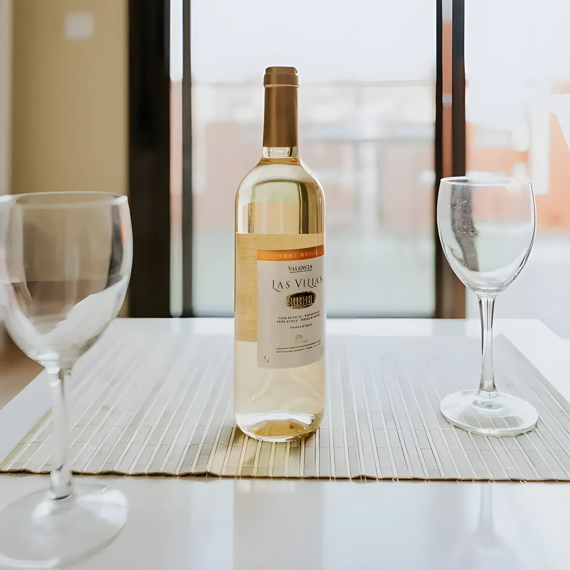 Copas y vino blanco en la mesa junto al ventanal